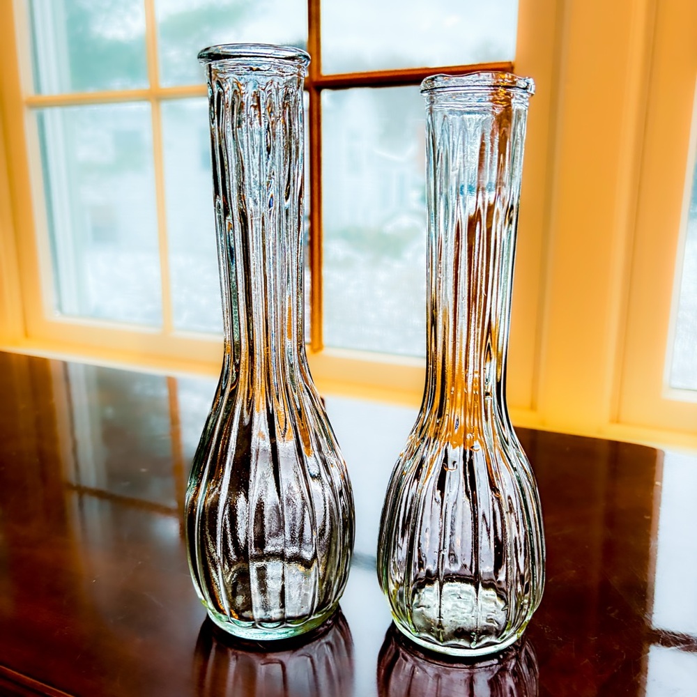 Vintage European Pressed Glass Bud Vase Set Art Deco Ribbed Clear Glass